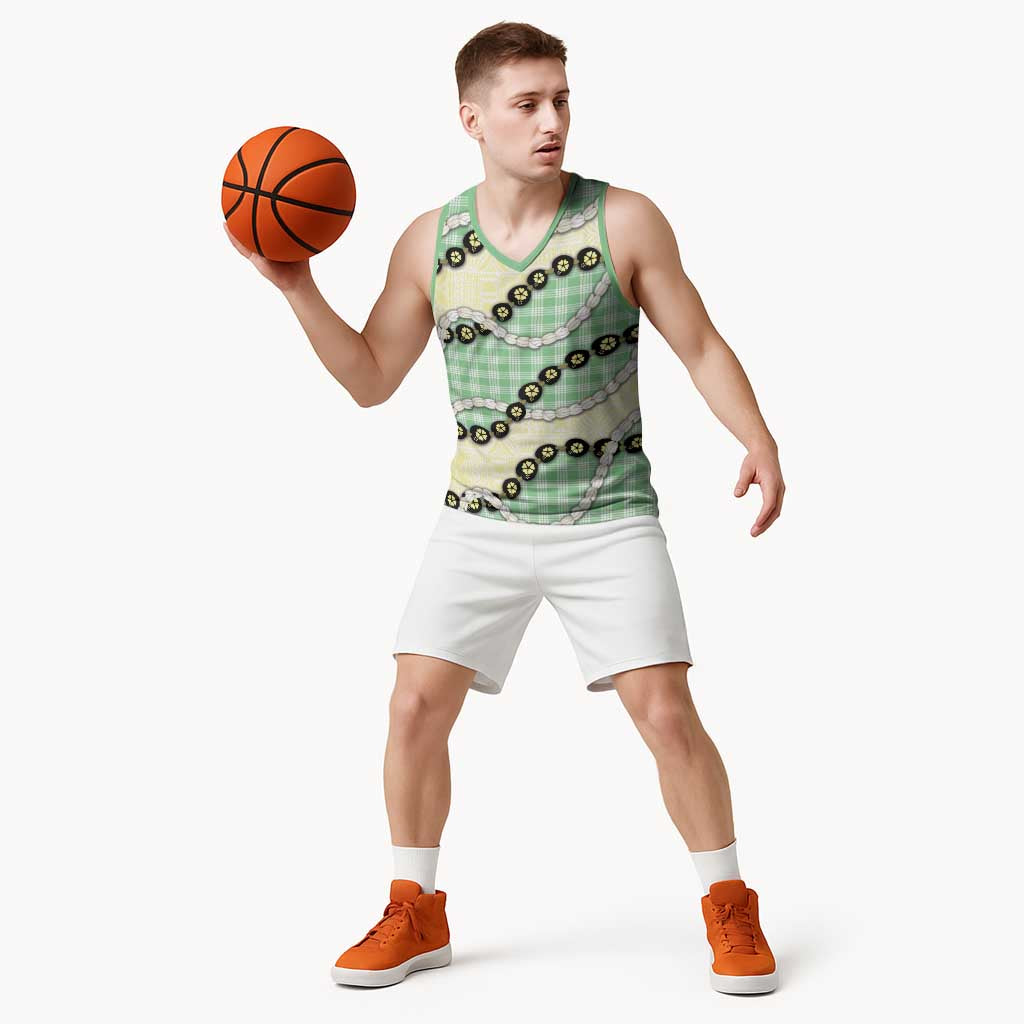 Green Palaka Hawaii Basketball Jersey Kukui Nut Pikake Lei Hawaiian Tapa Pattern - Polynesian Pride