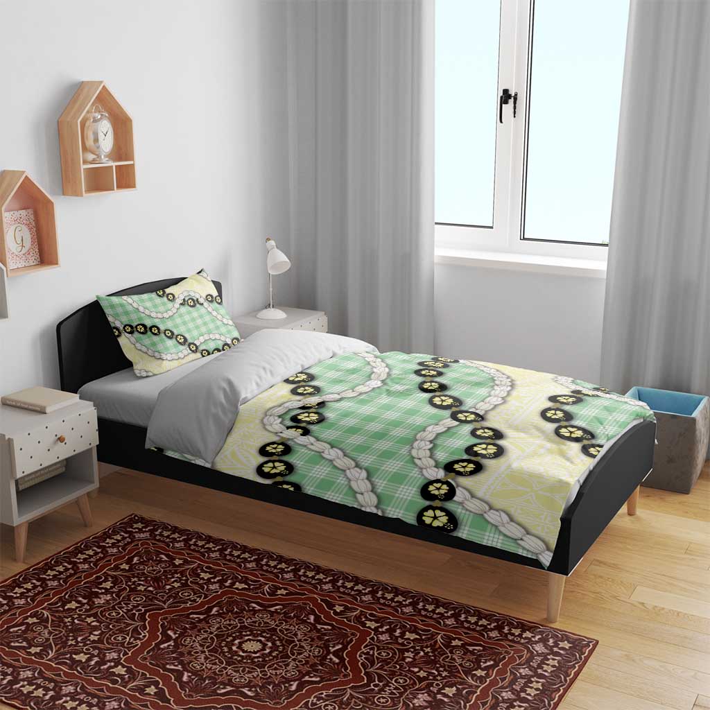 Green Palaka Hawaii Bedding Set Kukui Nut Pikake Lei Hawaiian Tapa Pattern - Polynesian Pride