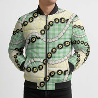 Green Palaka Hawaii Bomber Puffer Jacket Kukui Nut Pikake Lei Hawaiian Tapa Pattern - Polynesian Pride