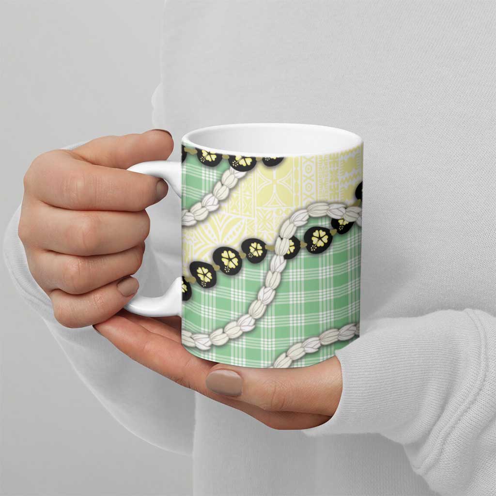 Green Palaka Hawaii Ceramic Mug Kukui Nut Pikake Lei Hawaiian Tapa Pattern - Polynesian Pride