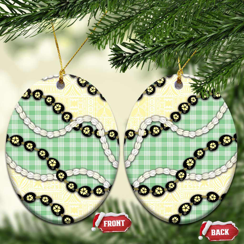 Green Palaka Hawaii Ceramic Ornament Kukui Nut Pikake Lei Hawaiian Tapa Pattern - Polynesian Pride