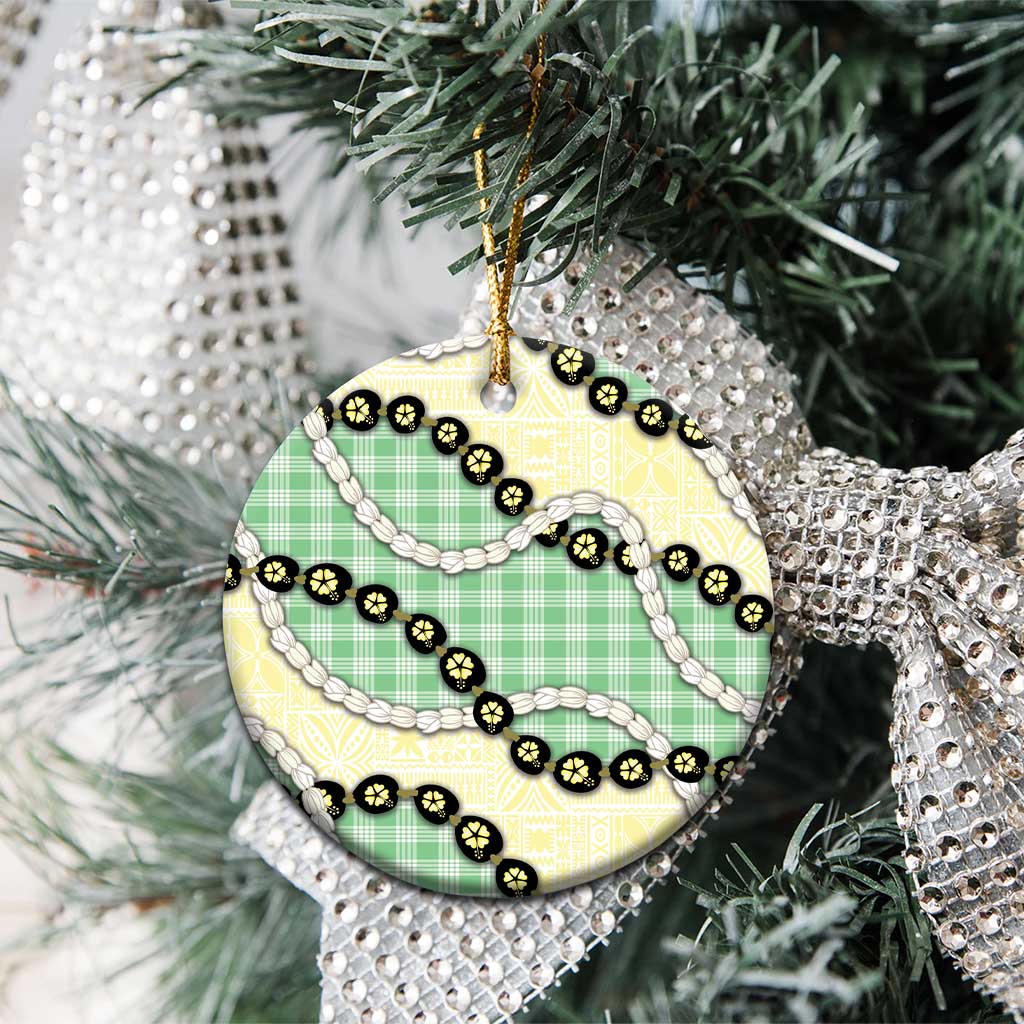 Green Palaka Hawaii Ceramic Ornament Kukui Nut Pikake Lei Hawaiian Tapa Pattern - Polynesian Pride