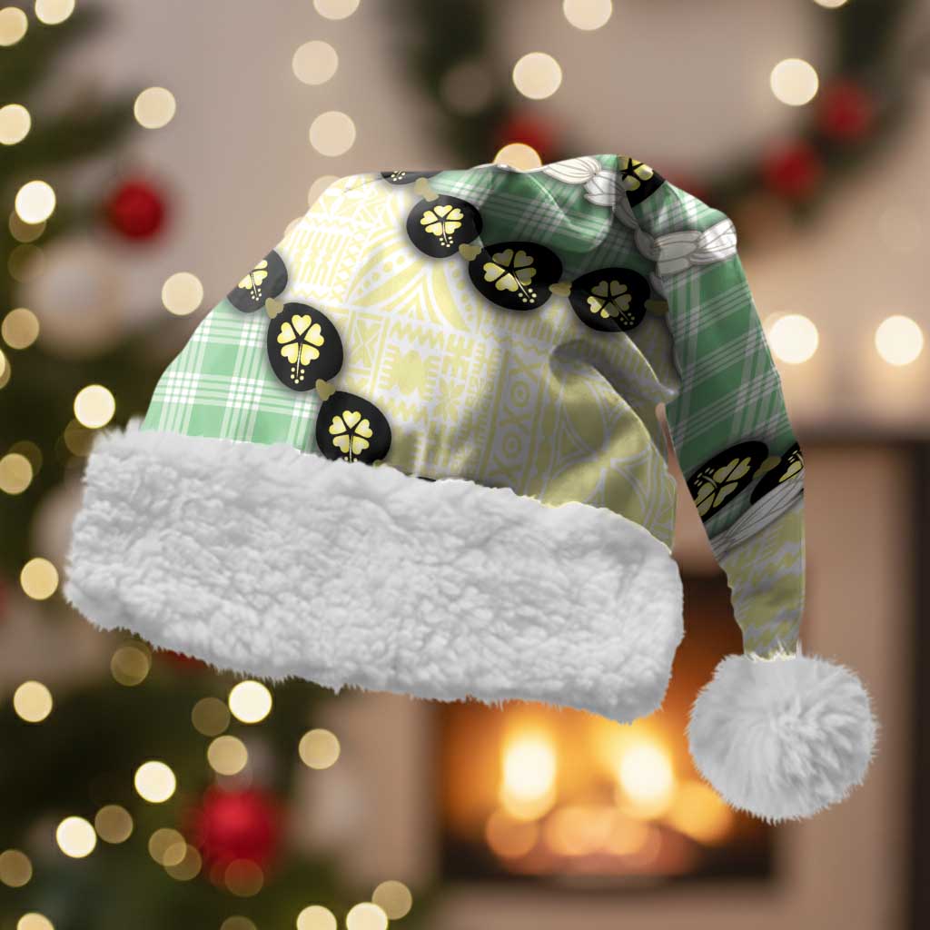 Green Palaka Hawaii Christmas Santa Hat Kukui Nut Pikake Lei Hawaiian Tapa Pattern LT14 With Fur Green - Polynesian Pride