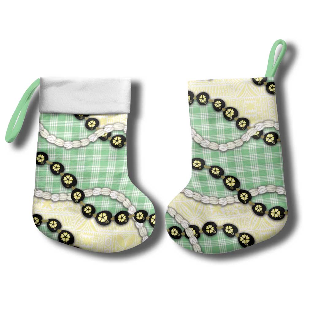 Green Palaka Hawaii Christmas Stocking Kukui Nut Pikake Lei Hawaiian Tapa Pattern - Polynesian Pride