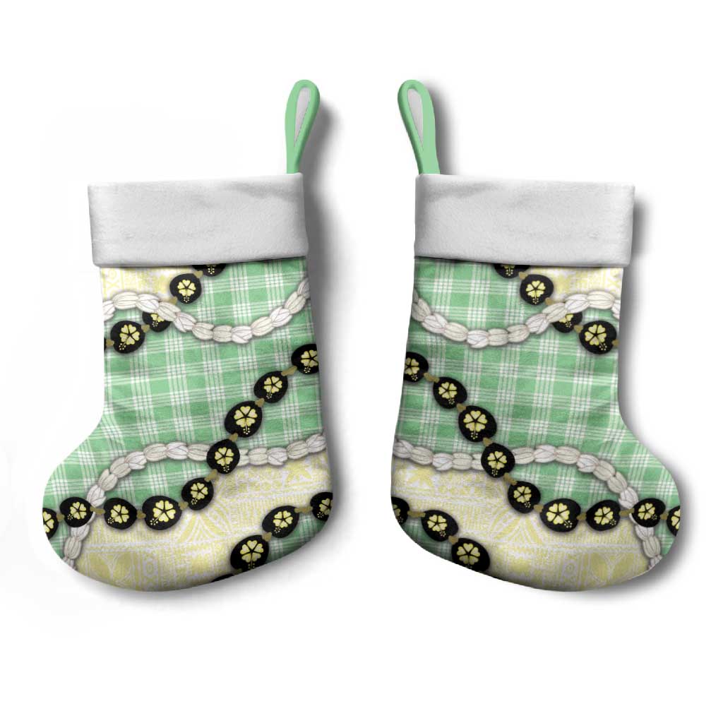 Green Palaka Hawaii Christmas Stocking Kukui Nut Pikake Lei Hawaiian Tapa Pattern - Polynesian Pride