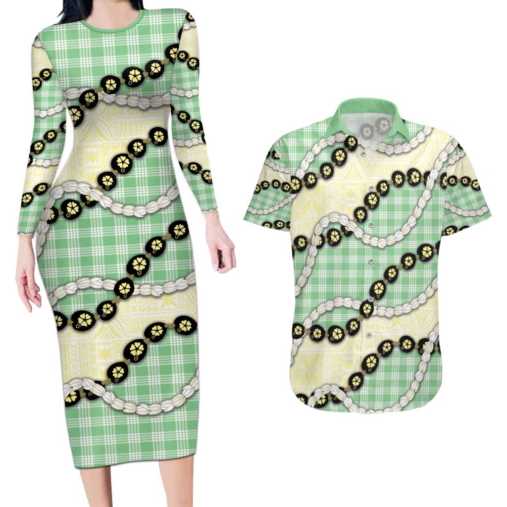 Green Palaka Hawaii Couples Matching Long Sleeve Bodycon Dress and Hawaiian Shirt Kukui Nut Pikake Lei Hawaiian Tapa Pattern - Polynesian Pride
