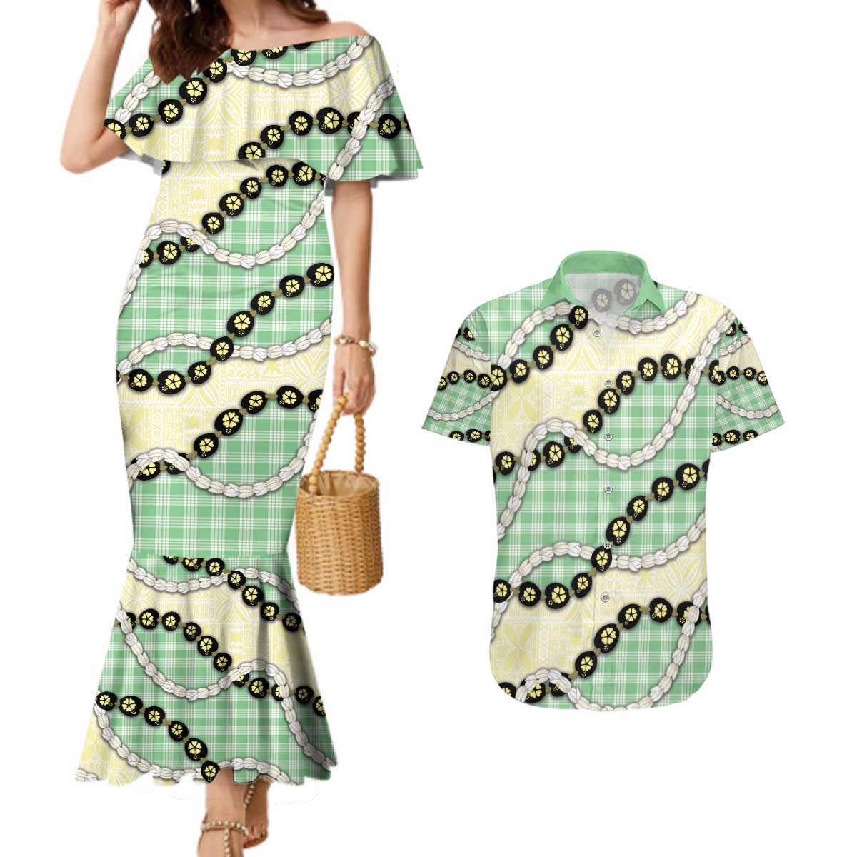 Green Palaka Hawaii Couples Matching Mermaid Dress and Hawaiian Shirt Kukui Nut Pikake Lei Hawaiian Tapa Pattern - Polynesian Pride