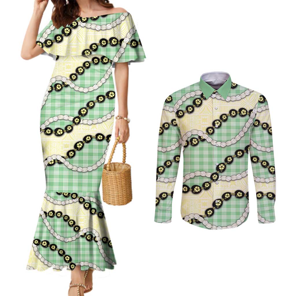 Green Palaka Hawaii Couples Matching Mermaid Dress and Long Sleeve Button Shirt Kukui Nut Pikake Lei Hawaiian Tapa Pattern - Polynesian Pride
