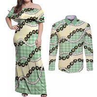 Green Palaka Hawaii Couples Matching Off Shoulder Maxi Dress and Long Sleeve Button Shirt Kukui Nut Pikake Lei Hawaiian Tapa Pattern - Polynesian Pride