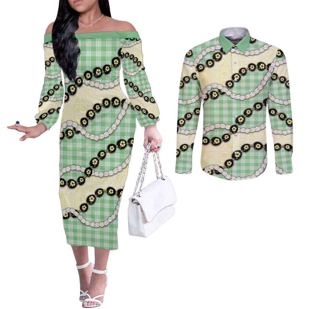 Green Palaka Hawaii Couples Matching Off The Shoulder Long Sleeve Dress and Long Sleeve Button Shirt Kukui Nut Pikake Lei Hawaiian Tapa Pattern - Polynesian Pride