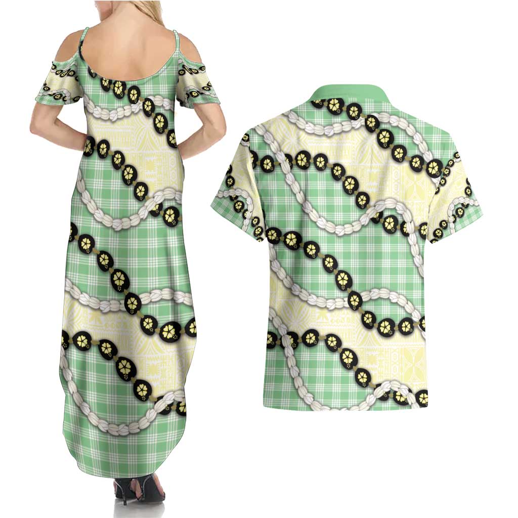 Green Palaka Hawaii Couples Matching Summer Maxi Dress and Hawaiian Shirt Kukui Nut Pikake Lei Hawaiian Tapa Pattern - Polynesian Pride