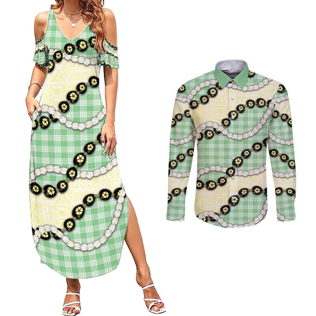 Green Palaka Hawaii Couples Matching Summer Maxi Dress and Long Sleeve Button Shirt Kukui Nut Pikake Lei Hawaiian Tapa Pattern - Polynesian Pride