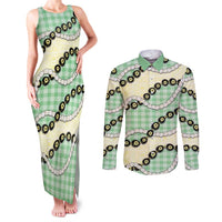 Green Palaka Hawaii Couples Matching Tank Maxi Dress and Long Sleeve Button Shirt Kukui Nut Pikake Lei Hawaiian Tapa Pattern - Polynesian Pride