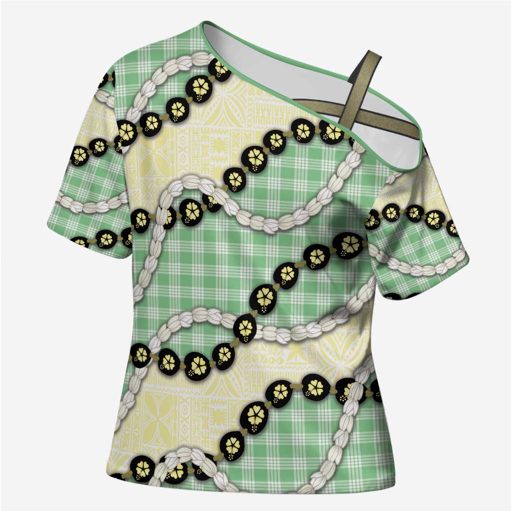 Green Palaka Hawaii Cross Shoulder Shirt Kukui Nut Pikake Lei Hawaiian Tapa Pattern - Polynesian Pride