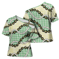 Green Palaka Hawaii Cross Shoulder Shirt Kukui Nut Pikake Lei Hawaiian Tapa Pattern - Polynesian Pride