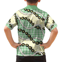 Green Palaka Hawaii Family Matching Off The Shoulder Long Sleeve Dress and Hawaiian Shirt Kukui Nut Pikake Lei Hawaiian Tapa Pattern - Polynesian Pride