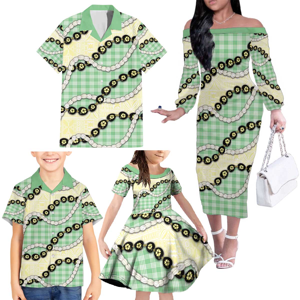 Green Palaka Hawaii Family Matching Off The Shoulder Long Sleeve Dress and Hawaiian Shirt Kukui Nut Pikake Lei Hawaiian Tapa Pattern - Polynesian Pride
