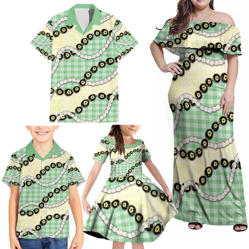 Green Palaka Hawaii Family Matching Off Shoulder Maxi Dress and Hawaiian Shirt Kukui Nut Pikake Lei Hawaiian Tapa Pattern - Polynesian Pride