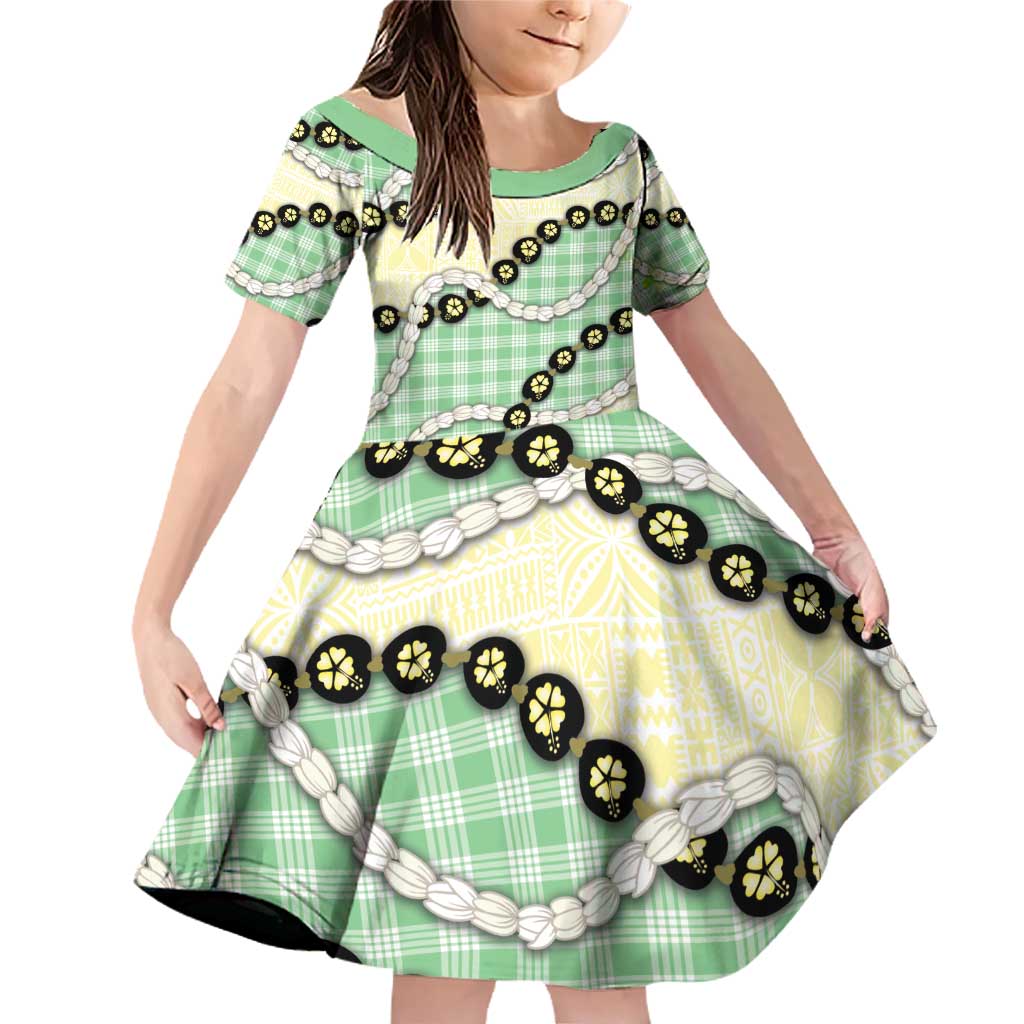 Green Palaka Hawaii Family Matching Off Shoulder Short Dress and Hawaiian Shirt Kukui Nut Pikake Lei Hawaiian Tapa Pattern - Polynesian Pride