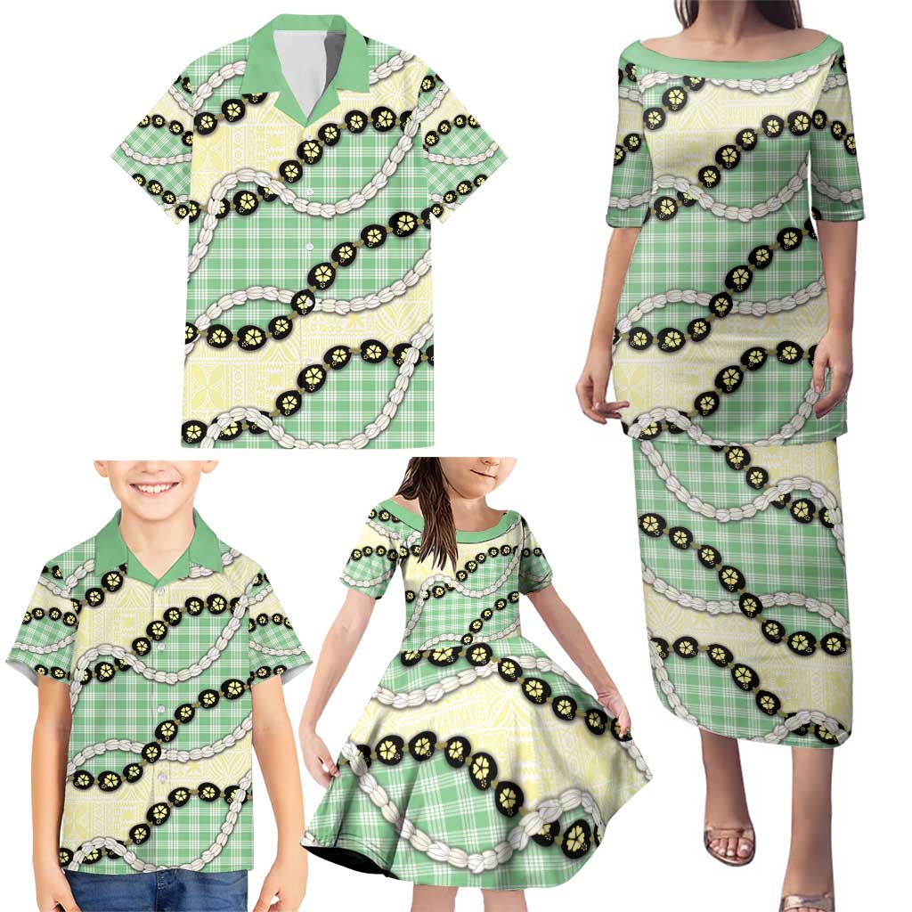 Green Palaka Hawaii Family Matching Puletasi and Hawaiian Shirt Kukui Nut Pikake Lei Hawaiian Tapa Pattern - Polynesian Pride