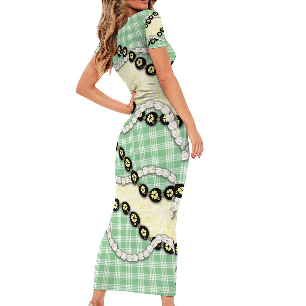 Green Palaka Hawaii Family Matching Short Sleeve Bodycon Dress and Hawaiian Shirt Kukui Nut Pikake Lei Hawaiian Tapa Pattern - Polynesian Pride