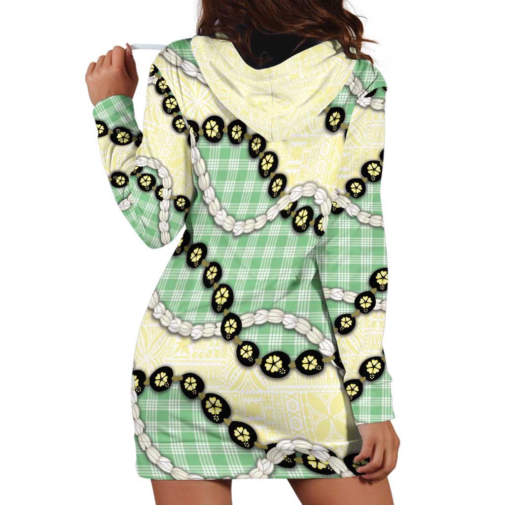 Green Palaka Hawaii Hoodie Dress Kukui Nut Pikake Lei Hawaiian Tapa Pattern - Polynesian Pride