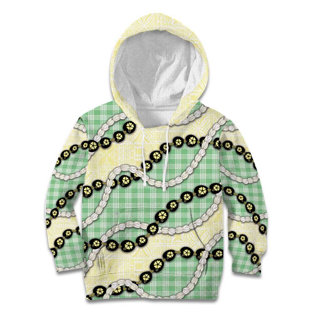 Green Palaka Hawaii Kid Hoodie Kukui Nut Pikake Lei Hawaiian Tapa Pattern - Polynesian Pride
