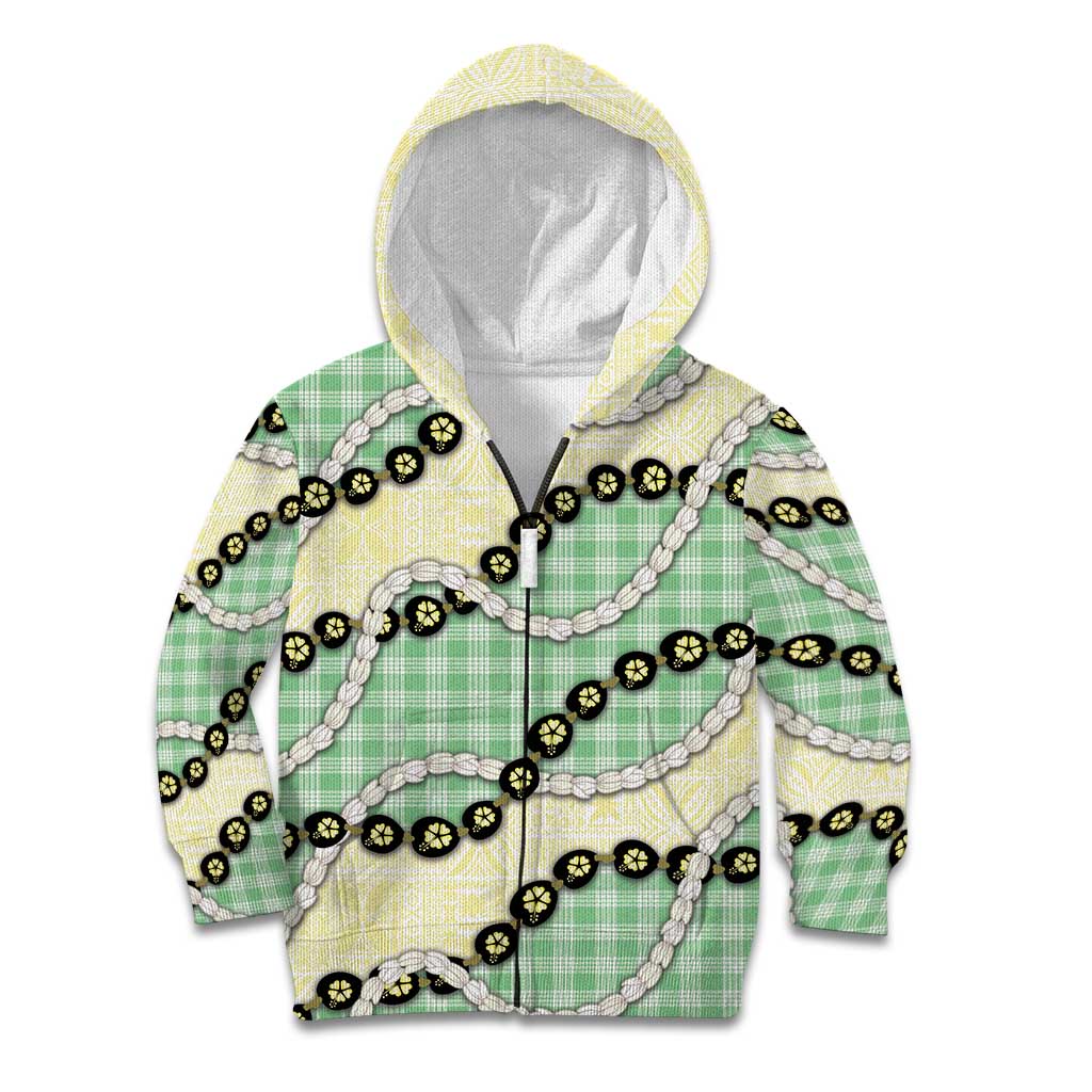 Green Palaka Hawaii Kid Hoodie Kukui Nut Pikake Lei Hawaiian Tapa Pattern - Polynesian Pride