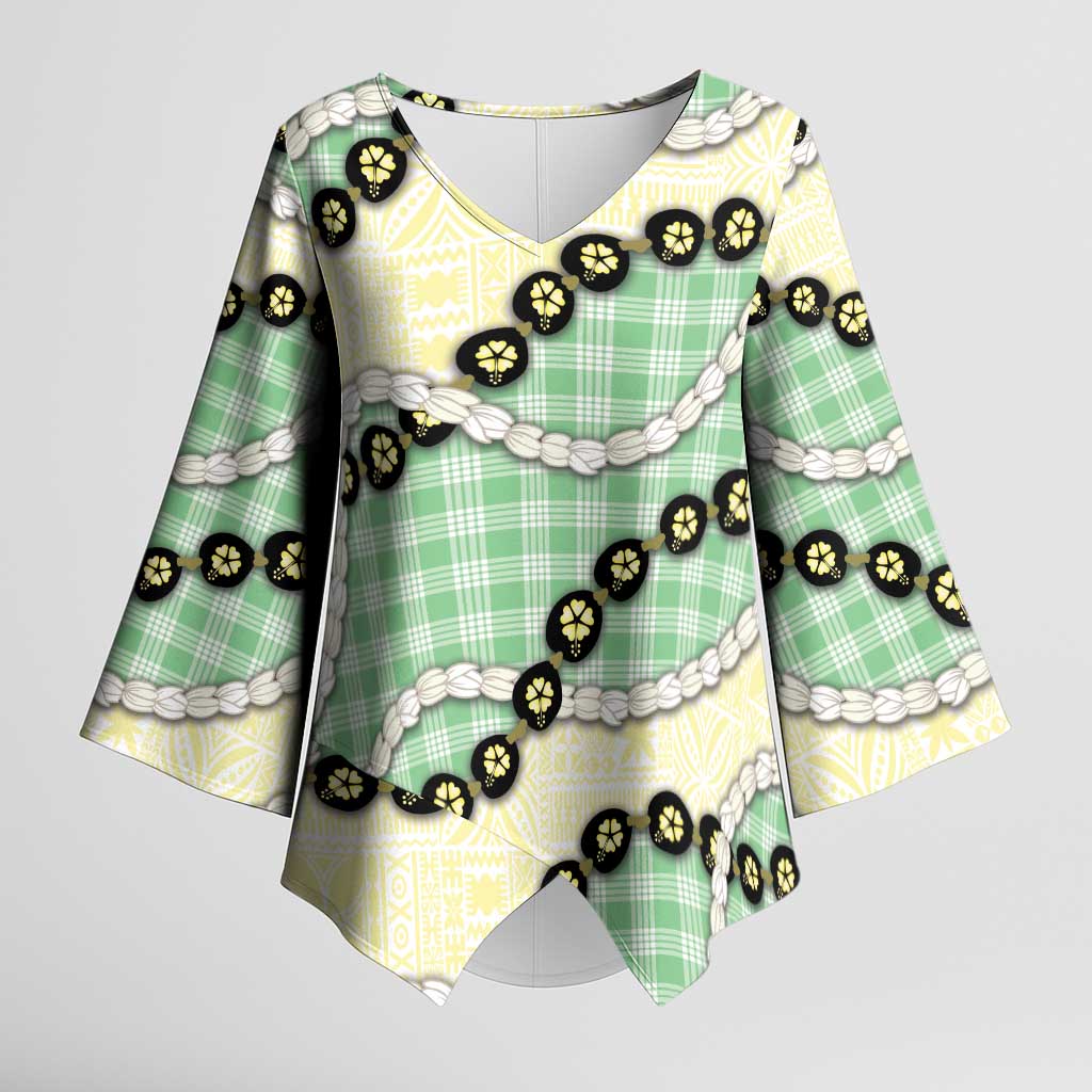 Green Palaka Hawaii Kimono Sleeve Blouse Kukui Nut Pikake Lei Hawaiian Tapa Pattern LT14 Female Green - Polynesian Pride