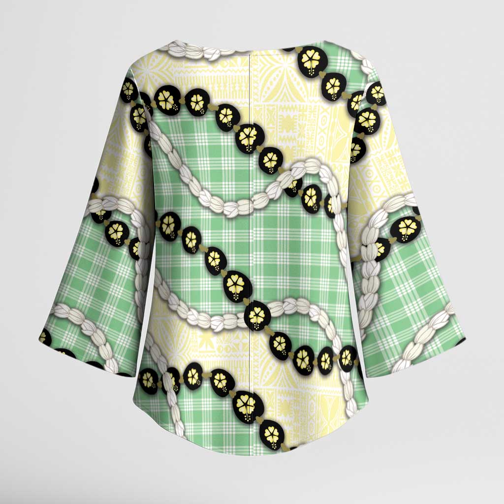 Green Palaka Hawaii Kimono Sleeve Blouse Kukui Nut Pikake Lei Hawaiian Tapa Pattern LT14 - Polynesian Pride