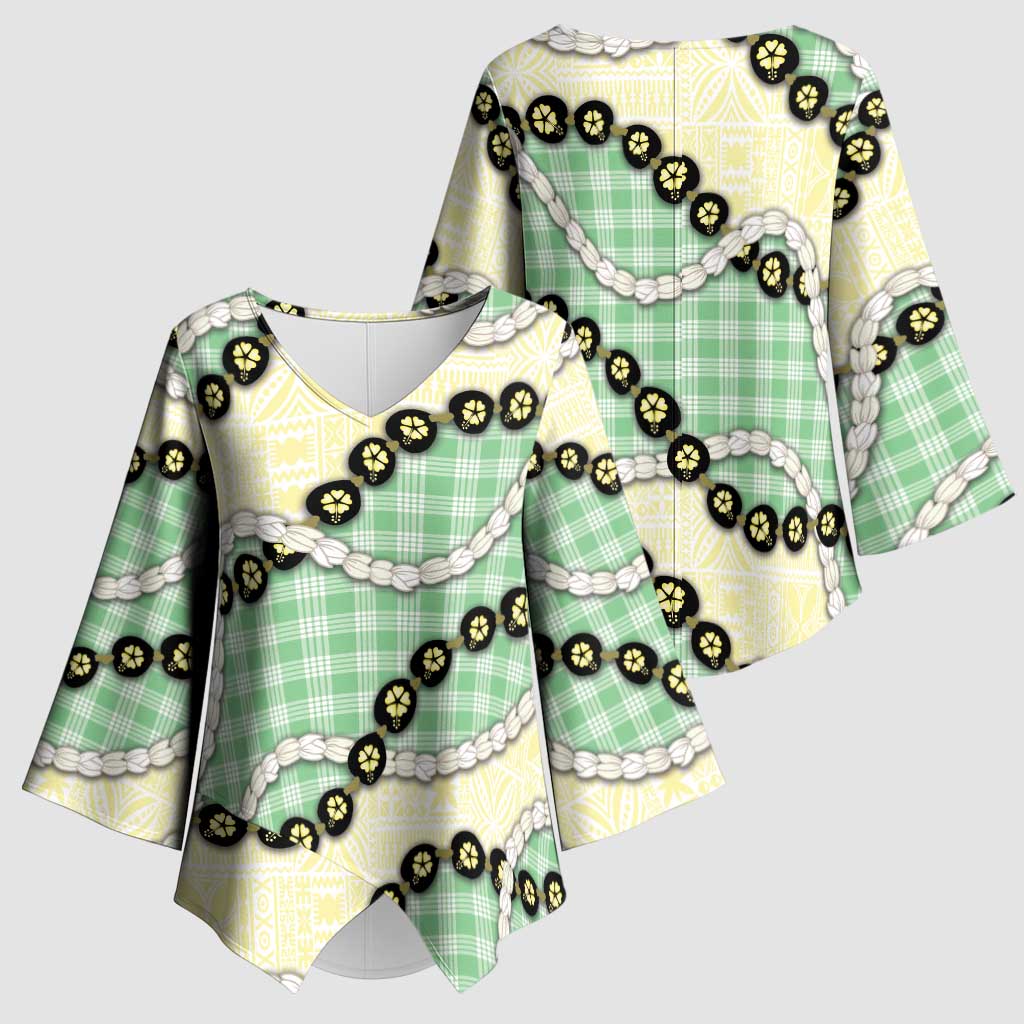 Green Palaka Hawaii Kimono Sleeve Blouse Kukui Nut Pikake Lei Hawaiian Tapa Pattern LT14 - Polynesian Pride