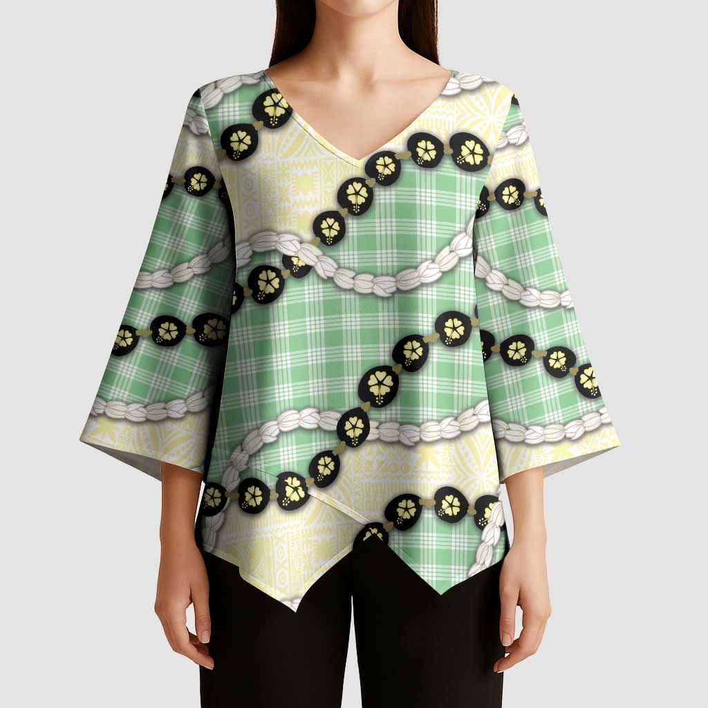 Green Palaka Hawaii Kimono Sleeve Blouse Kukui Nut Pikake Lei Hawaiian Tapa Pattern LT14 - Polynesian Pride