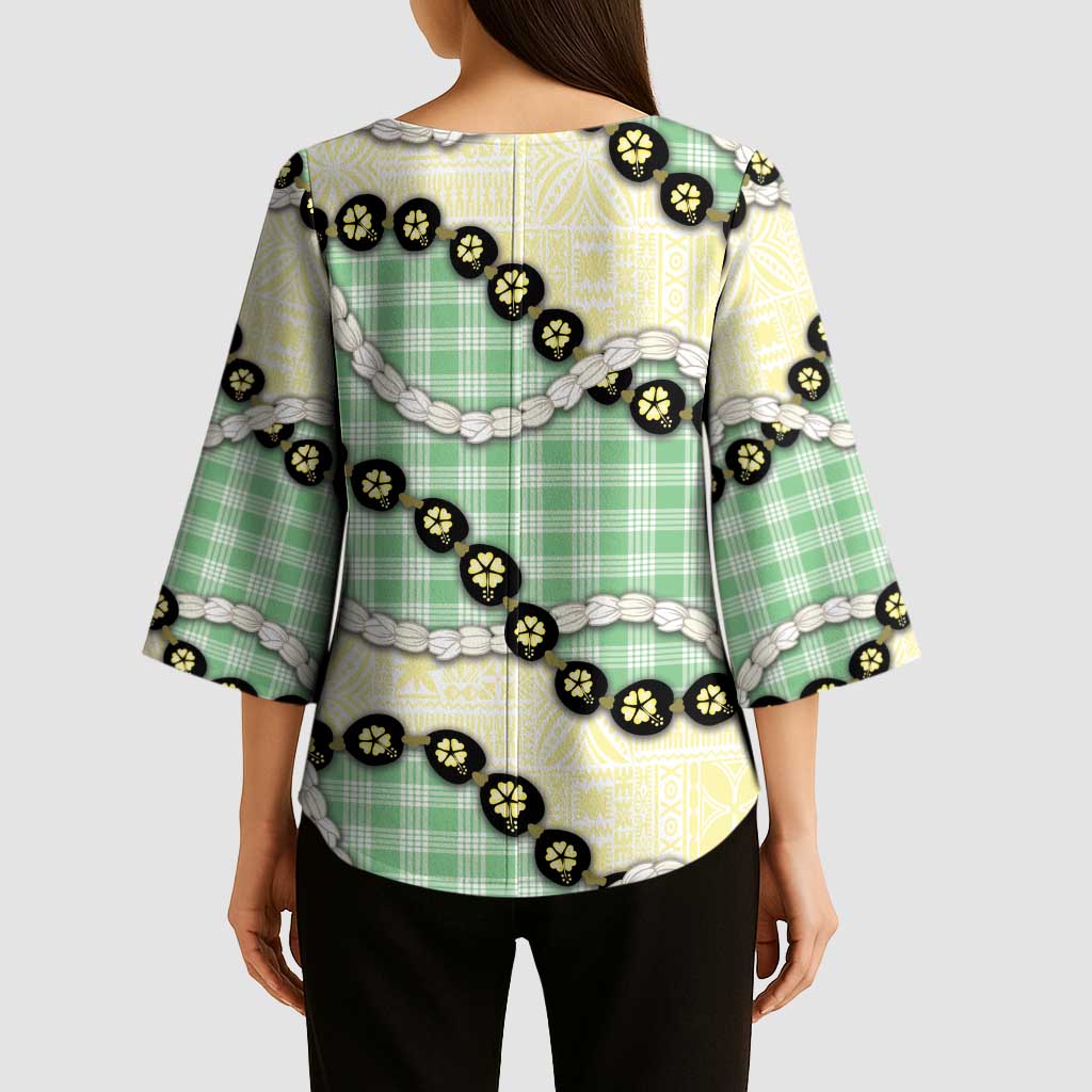 Green Palaka Hawaii Kimono Sleeve Blouse Kukui Nut Pikake Lei Hawaiian Tapa Pattern LT14 - Polynesian Pride