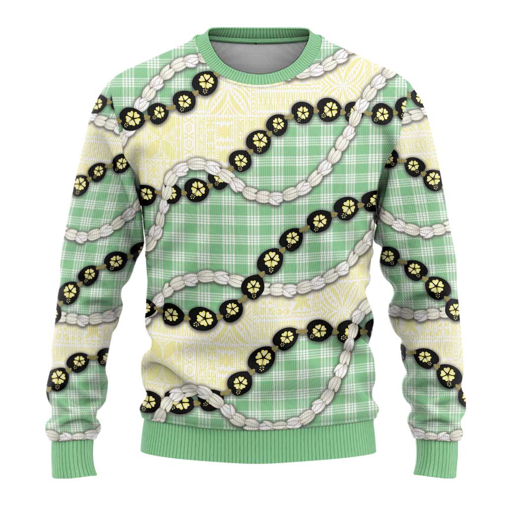 Green Palaka Hawaii Ugly Christmas Sweater Kukui Nut Pikake Lei Hawaiian Tapa Pattern - Polynesian Pride