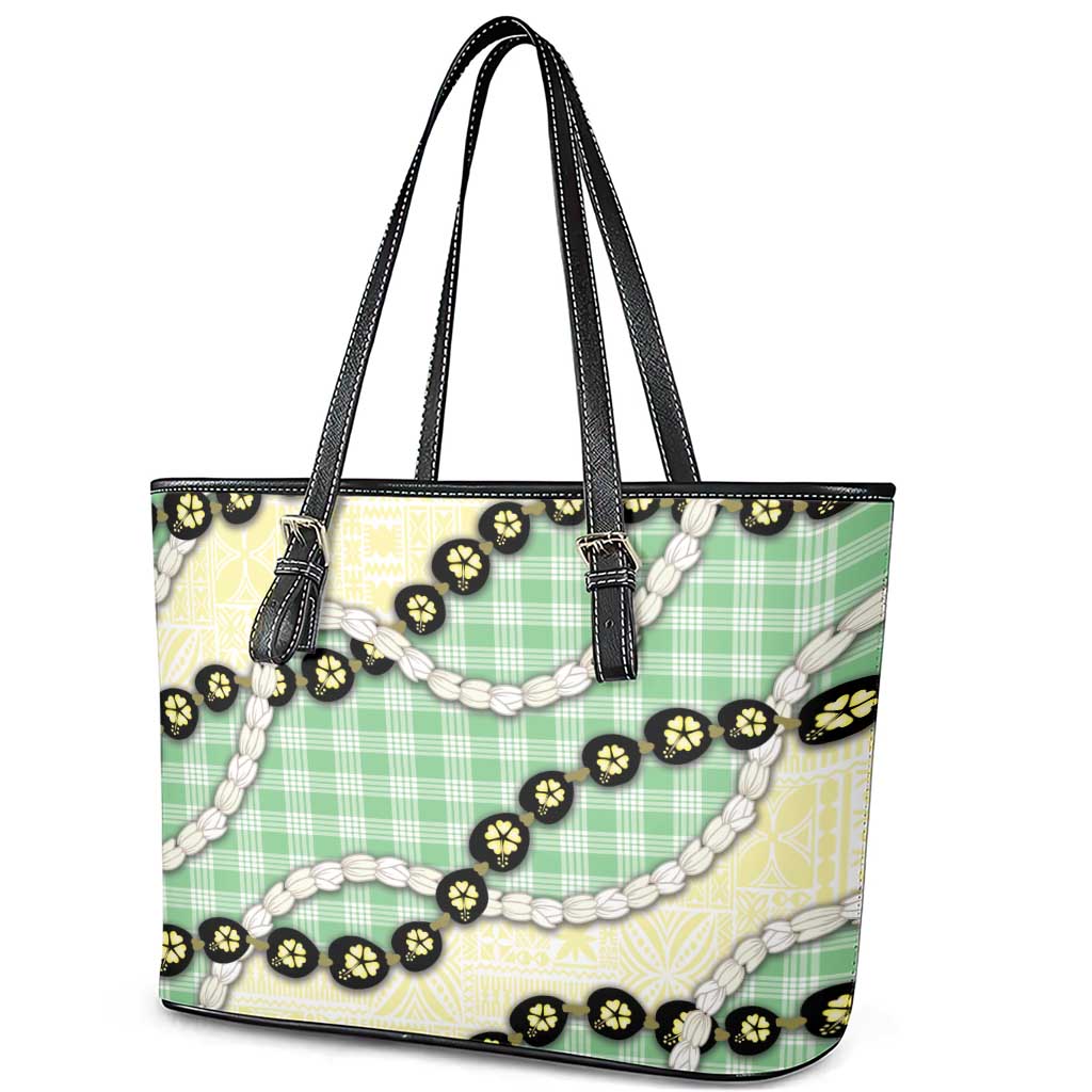 Green Palaka Hawaii Leather Tote Bag Kukui Nut Pikake Lei Hawaiian Tapa Pattern - Polynesian Pride
