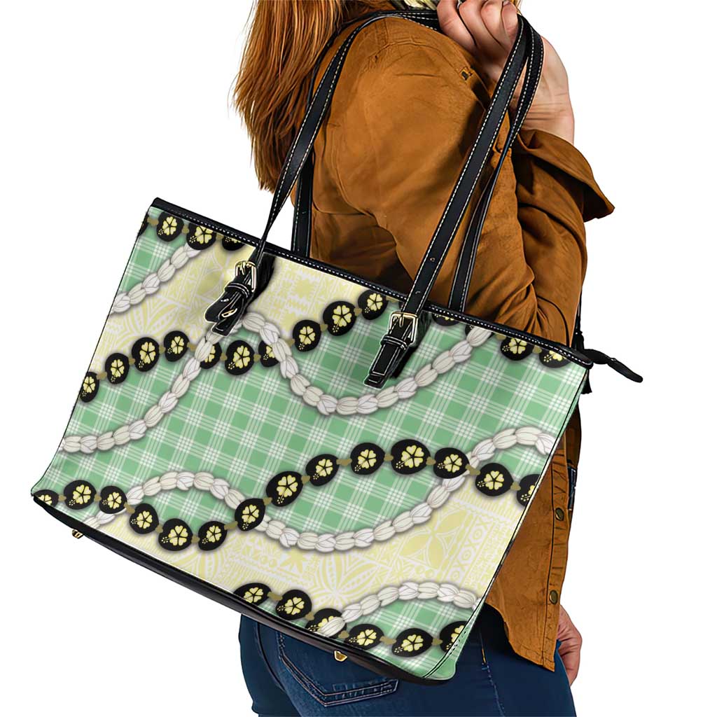 Green Palaka Hawaii Leather Tote Bag Kukui Nut Pikake Lei Hawaiian Tapa Pattern - Polynesian Pride