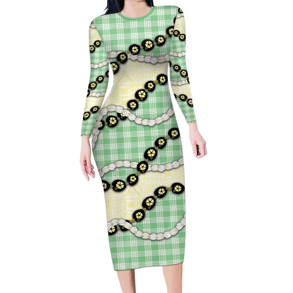 Green Palaka Hawaii Long Sleeve Bodycon Dress Kukui Nut Pikake Lei Hawaiian Tapa Pattern - Polynesian Pride