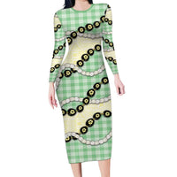 Green Palaka Hawaii Long Sleeve Bodycon Dress Kukui Nut Pikake Lei Hawaiian Tapa Pattern - Polynesian Pride