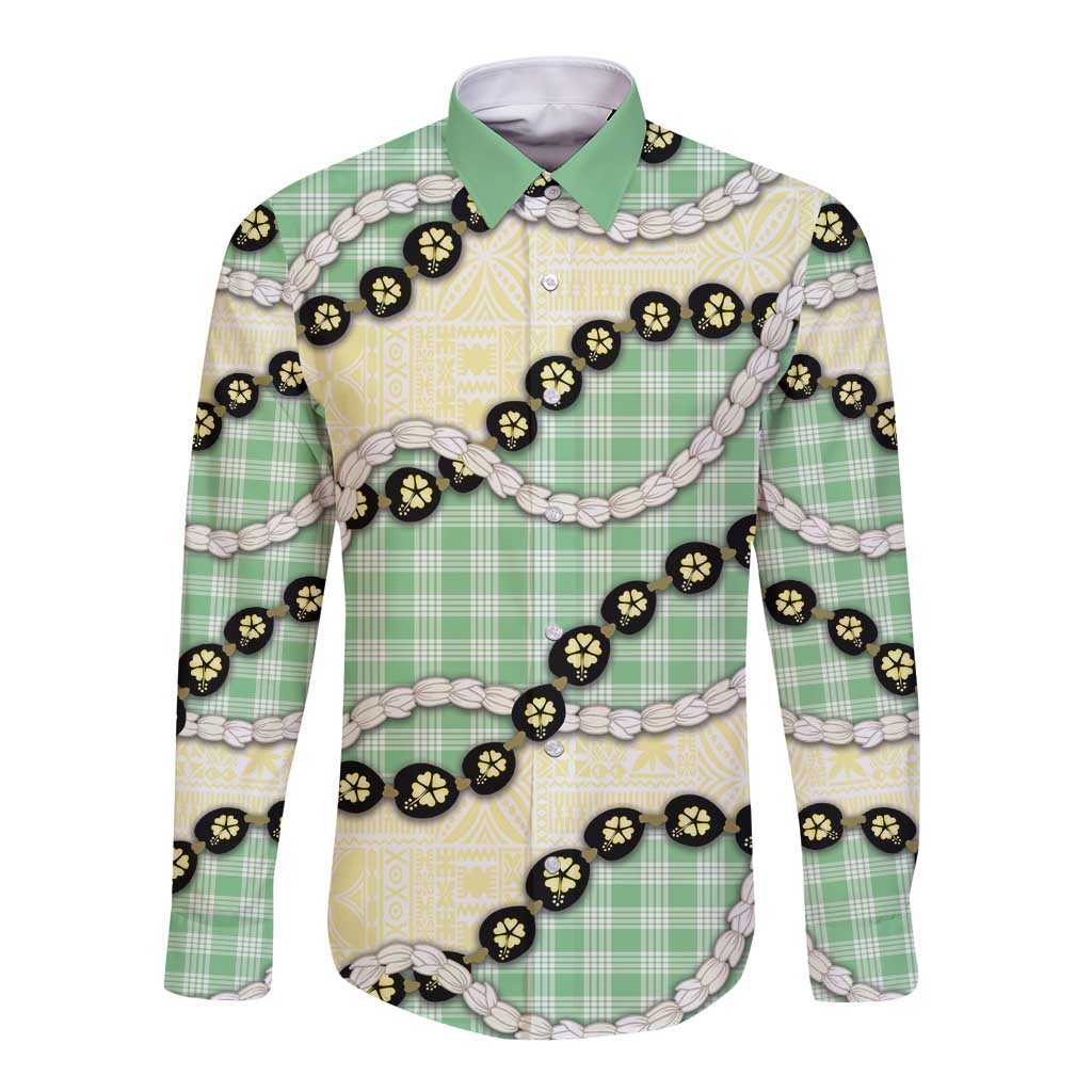Green Palaka Hawaii Long Sleeve Button Shirt Kukui Nut Pikake Lei Hawaiian Tapa Pattern - Polynesian Pride