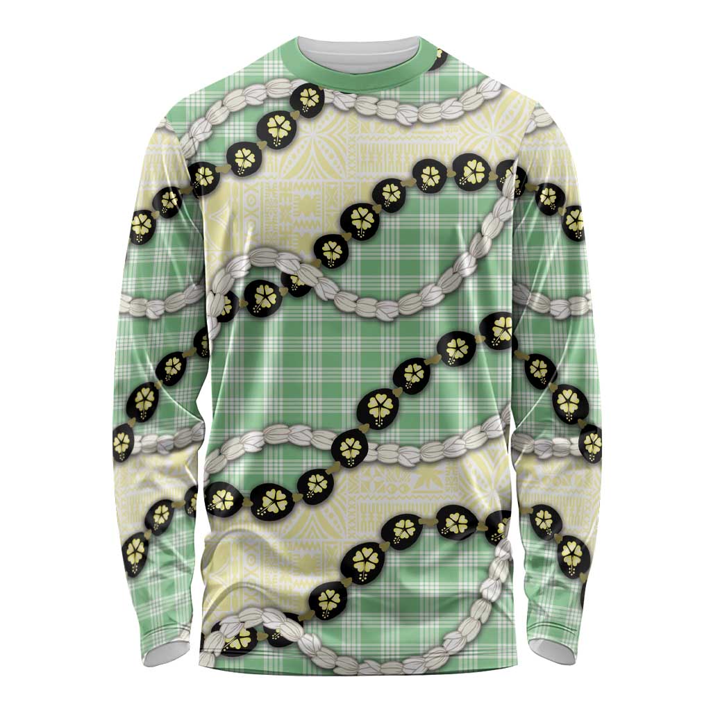Green Palaka Hawaii Long Sleeve Shirt Kukui Nut Pikake Lei Hawaiian Tapa Pattern - Polynesian Pride