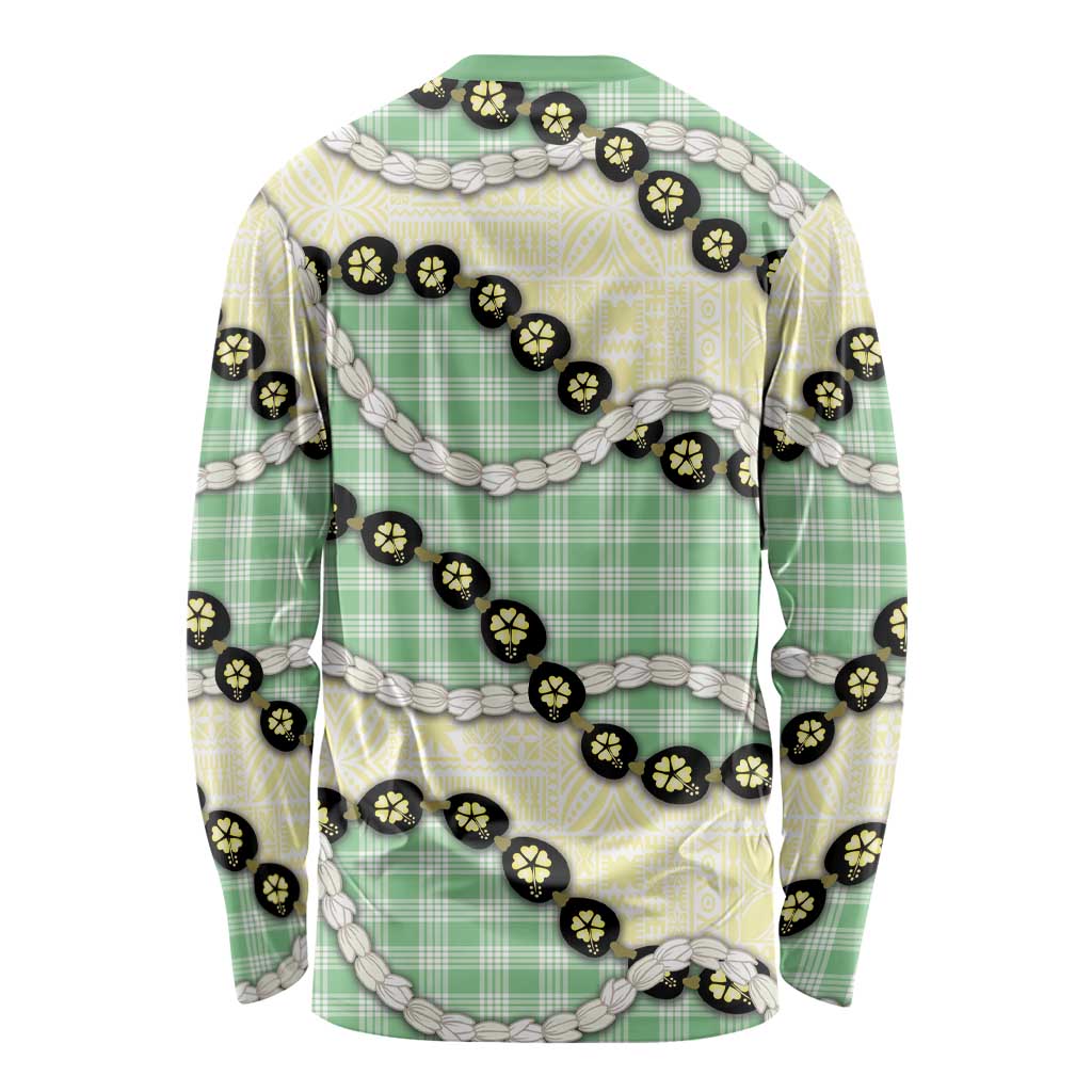 Green Palaka Hawaii Long Sleeve Shirt Kukui Nut Pikake Lei Hawaiian Tapa Pattern - Polynesian Pride