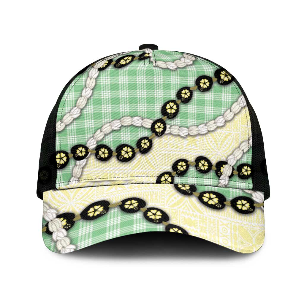 Green Palaka Hawaii Mesh Trucker Cap Kukui Nut Pikake Lei Hawaiian Tapa Pattern - Polynesian Pride