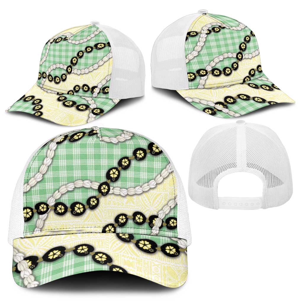 Green Palaka Hawaii Mesh Trucker Cap Kukui Nut Pikake Lei Hawaiian Tapa Pattern - Polynesian Pride
