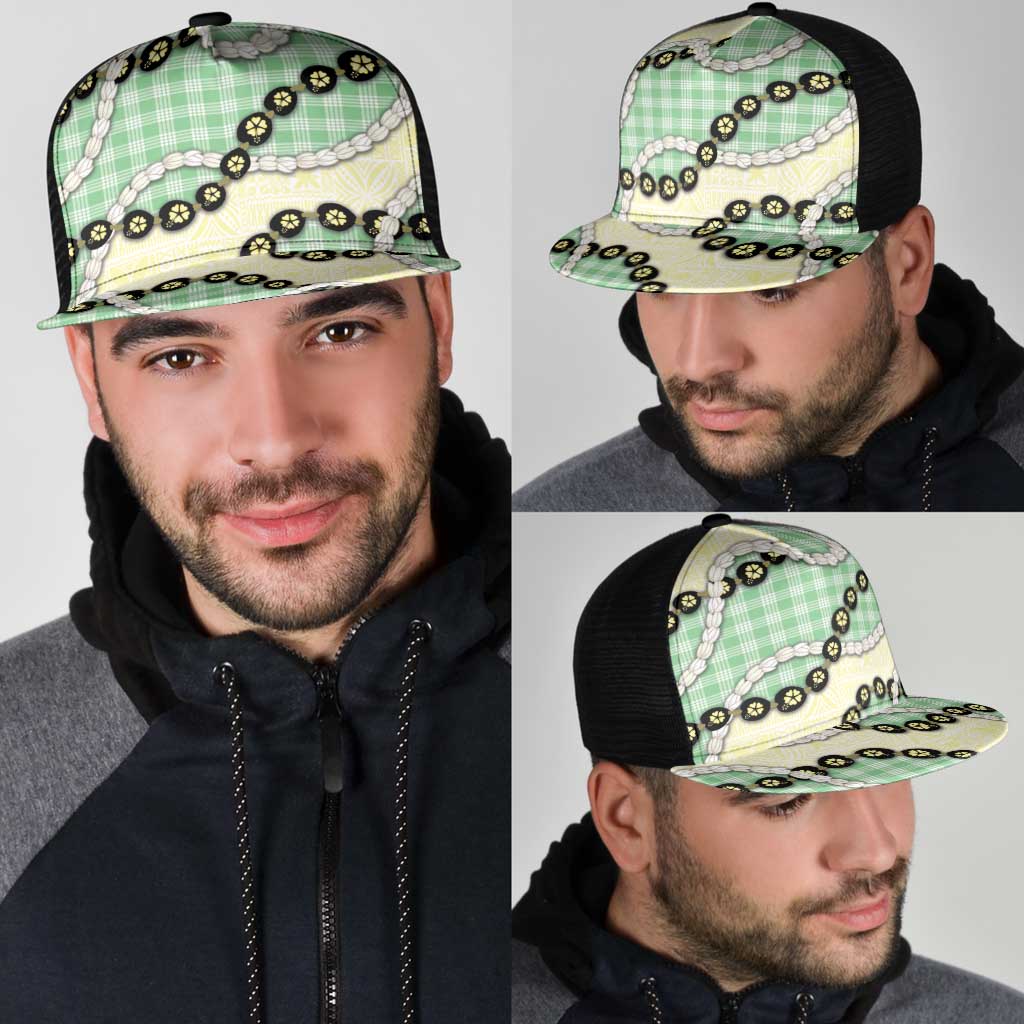 Green Palaka Hawaii Mesh Trucker Cap Kukui Nut Pikake Lei Hawaiian Tapa Pattern - Polynesian Pride