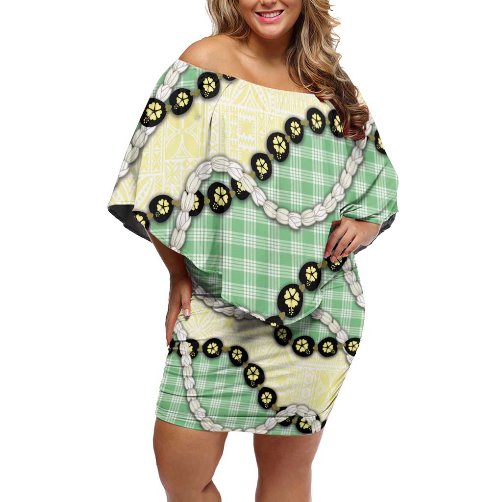 Green Palaka Hawaii Off Shoulder Short Dress Kukui Nut Pikake Lei Hawaiian Tapa Pattern - Polynesian Pride