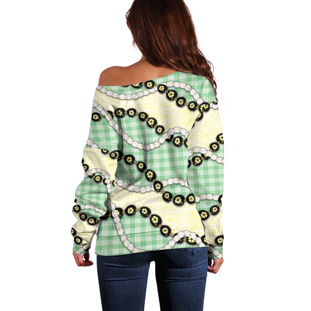 Green Palaka Hawaii Off Shoulder Sweater Kukui Nut Pikake Lei Hawaiian Tapa Pattern - Polynesian Pride