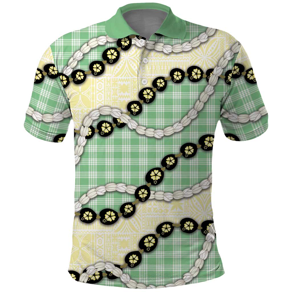 Green Palaka Hawaii Polo Shirt Kukui Nut Pikake Lei Hawaiian Tapa Pattern - Polynesian Pride