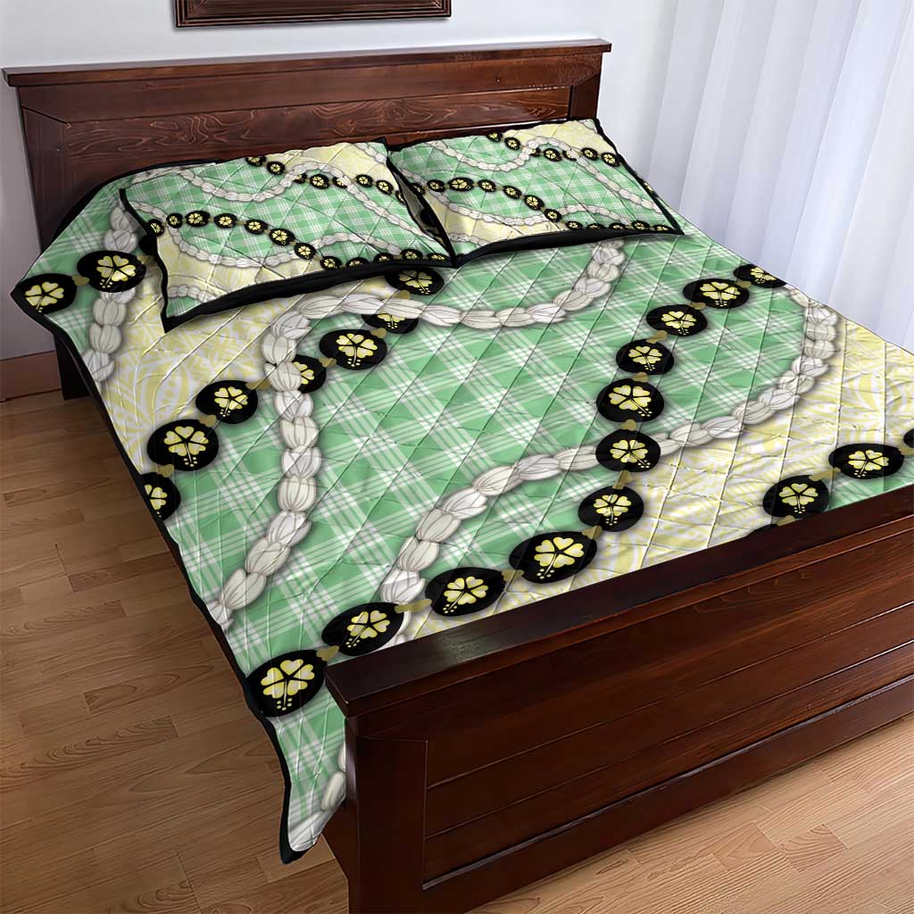 Green Palaka Hawaii Quilt Bed Set Kukui Nut Pikake Lei Hawaiian Tapa Pattern - Polynesian Pride