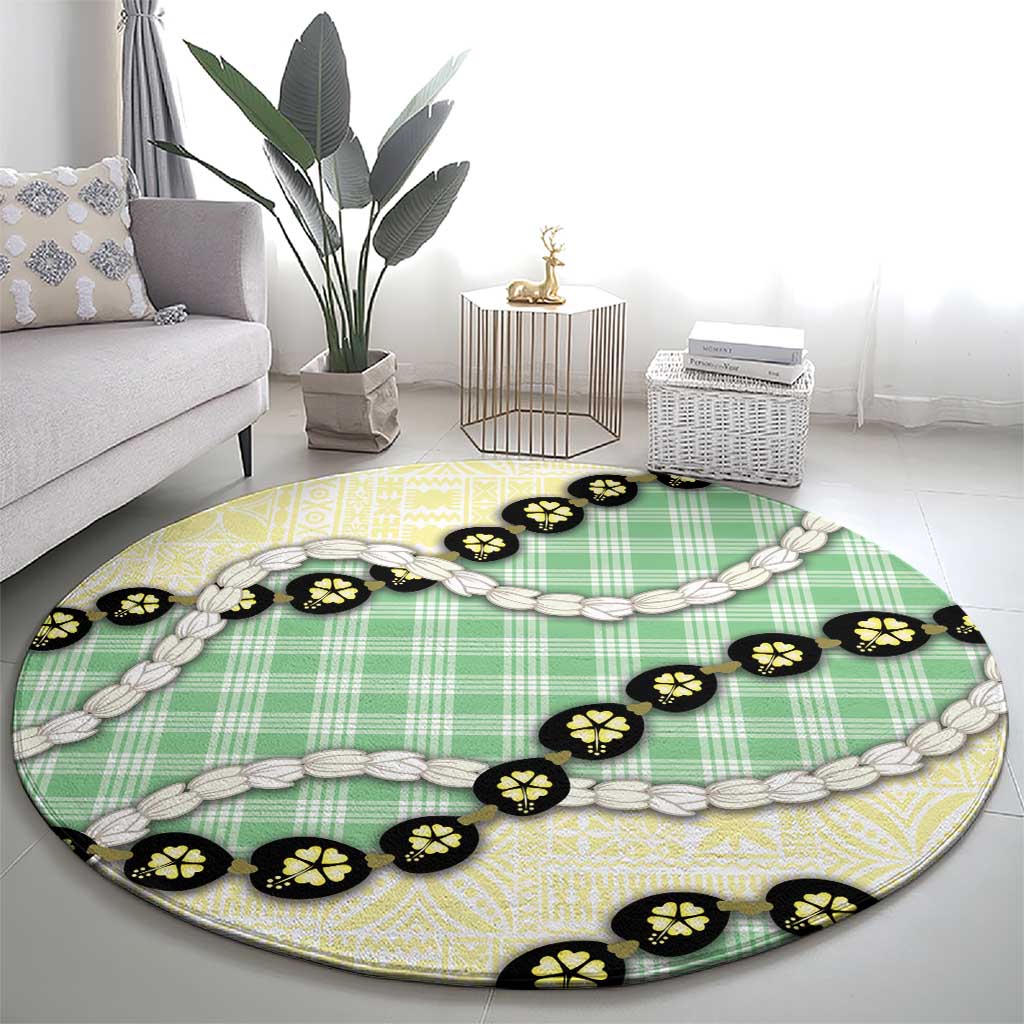 Green Palaka Hawaii Round Carpet Kukui Nut Pikake Lei Hawaiian Tapa Pattern - Polynesian Pride