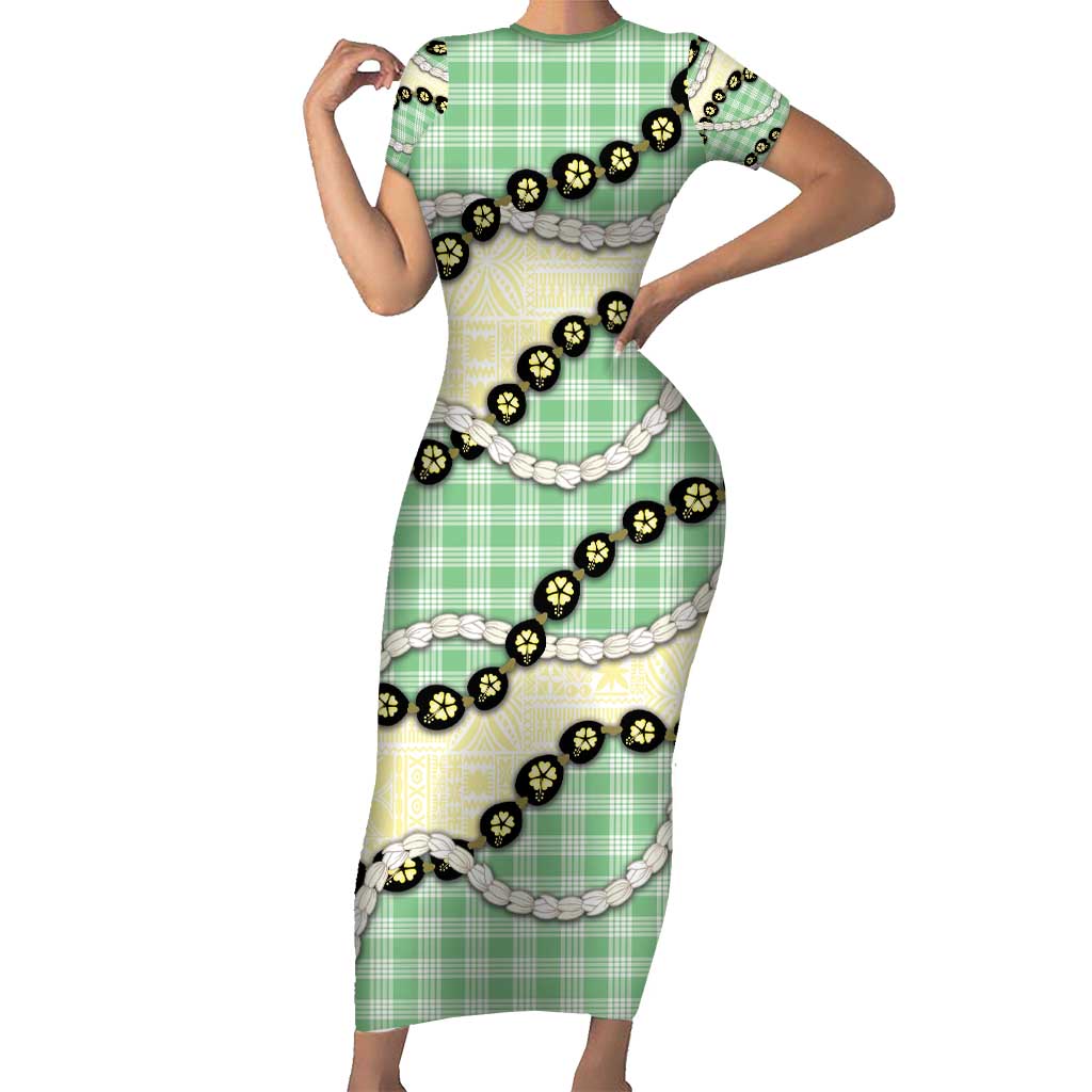 Green Palaka Hawaii Short Sleeve Bodycon Dress Kukui Nut Pikake Lei Hawaiian Tapa Pattern - Polynesian Pride